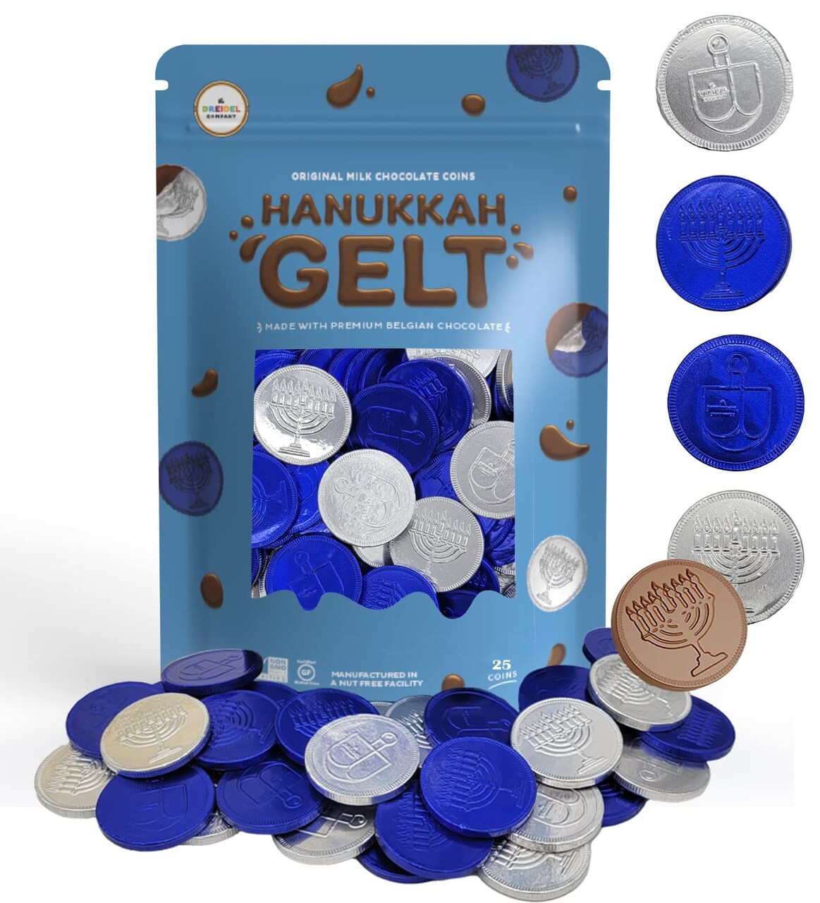 Milk Chocolate Coins, Hanukkah Gelt, Blue And Silver Coins, Made with Premium Belgian Chocolate, Nut and Gluten-Free, Non-GMO, Kosher Certified Dairy (25-Pack)